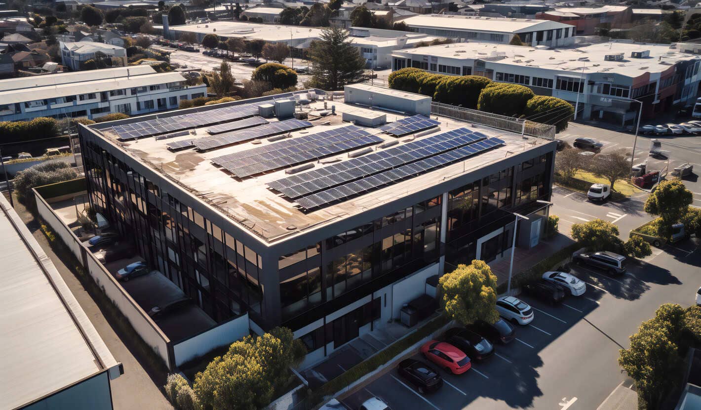edificio comercial com paineis solares no telhado 1 1 1 1